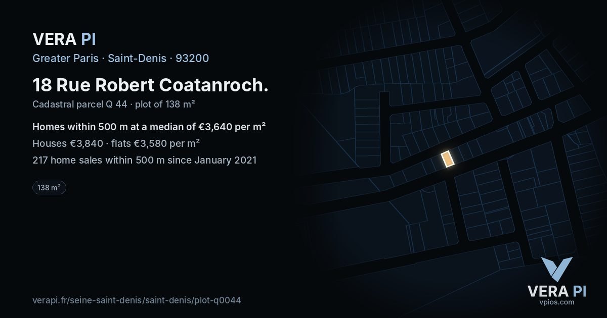 18 Rue Robert Coatanroch, Saint-Denis at night – the plot lit, the parcels around coloured by the prices near them