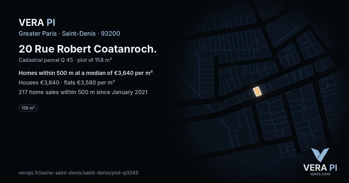 20 Rue Robert Coatanroch, Saint-Denis at night – the plot lit, the parcels around coloured by the prices near them