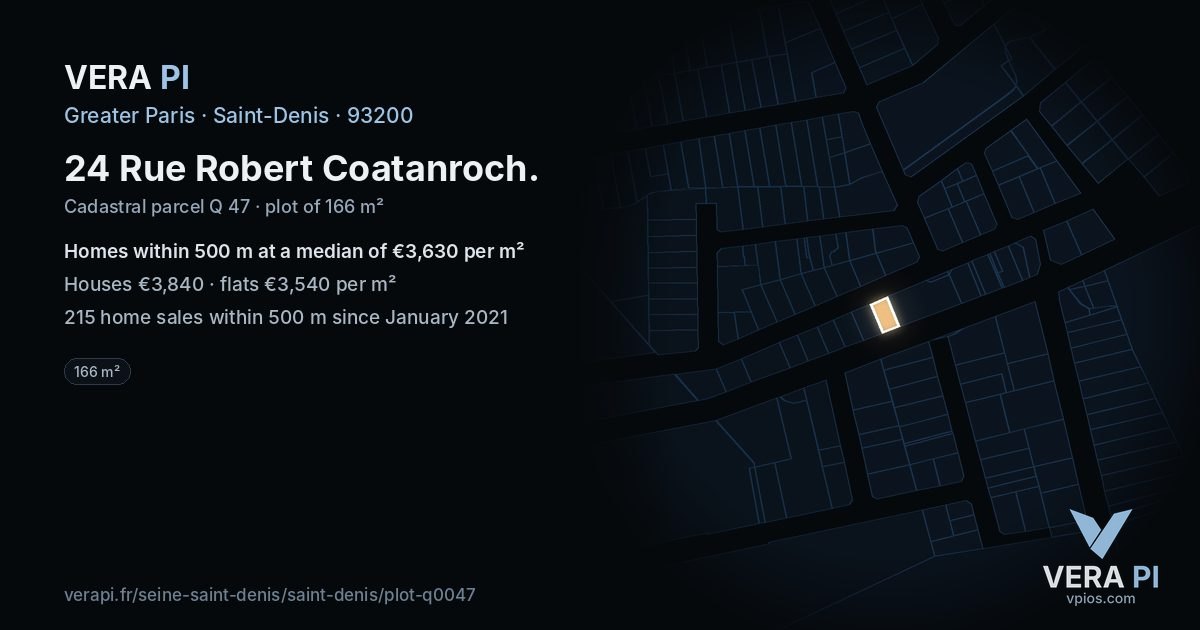 24 Rue Robert Coatanroch, Saint-Denis at night – the plot lit, the parcels around coloured by the prices near them