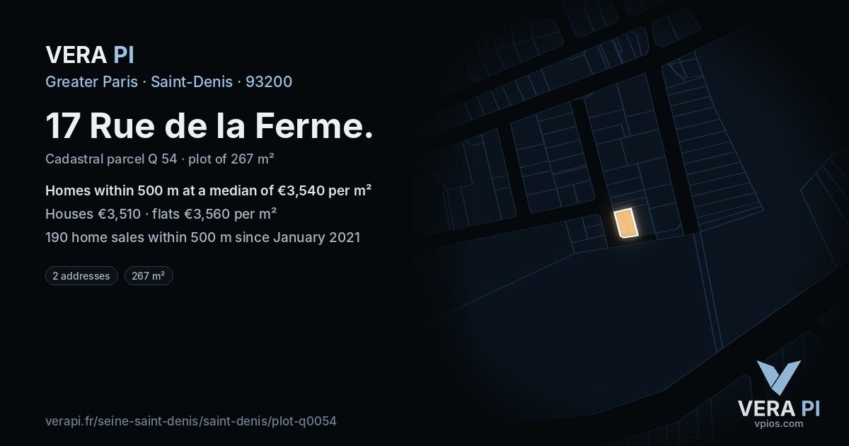 17 Rue de la Ferme, Saint-Denis at night – the plot lit, the parcels around coloured by the prices near them