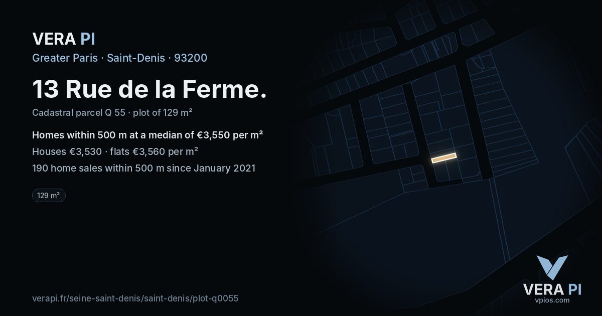 13 Rue de la Ferme, Saint-Denis at night – the plot lit, the parcels around coloured by the prices near them