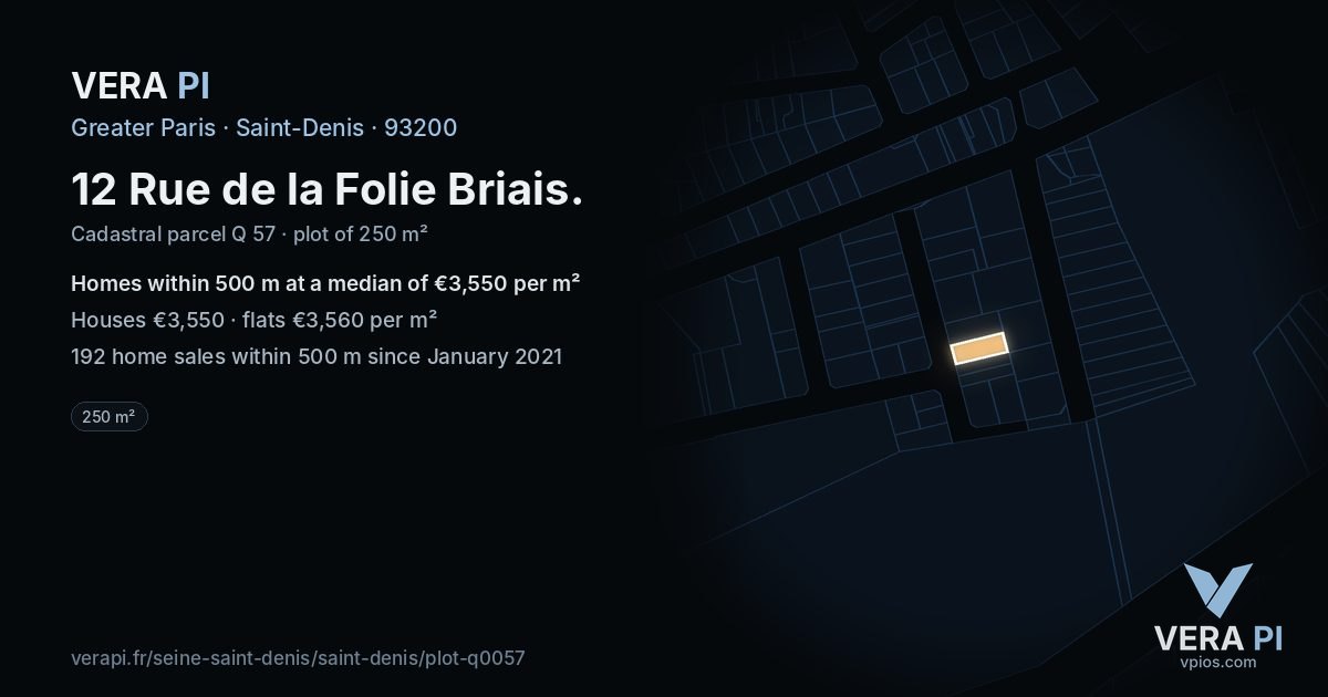 12 Rue de la Folie Briais, Saint-Denis at night – the plot lit, the parcels around coloured by the prices near them
