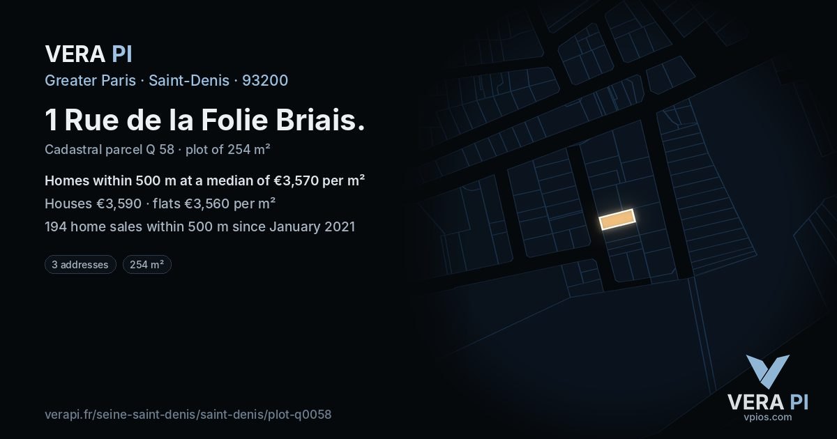 1 Rue de la Folie Briais, Saint-Denis at night – the plot lit, the parcels around coloured by the prices near them