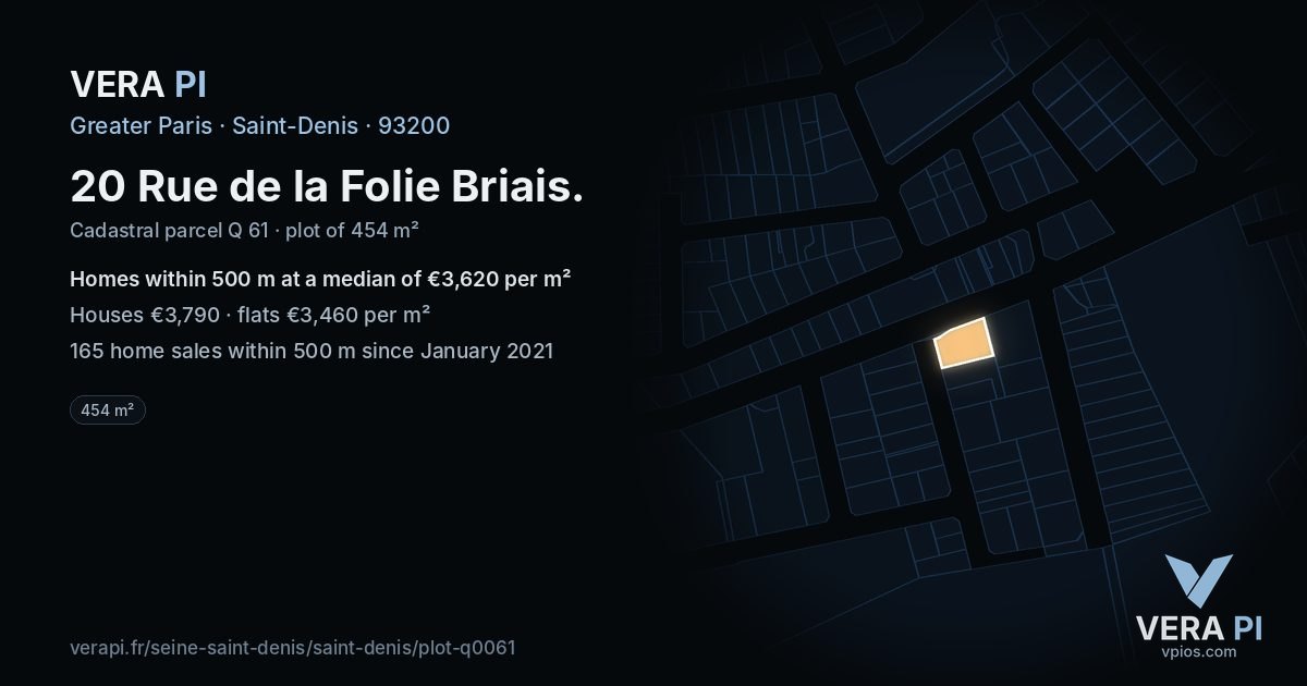 20 Rue de la Folie Briais, Saint-Denis at night – the plot lit, the parcels around coloured by the prices near them
