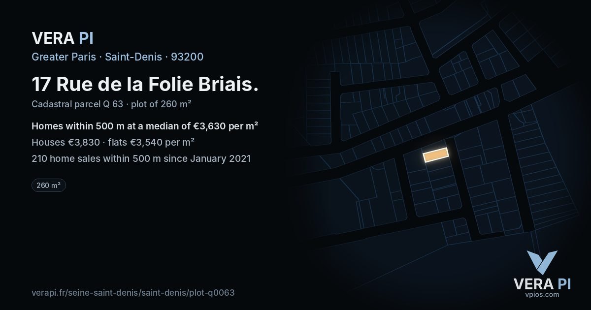 17 Rue de la Folie Briais, Saint-Denis at night – the plot lit, the parcels around coloured by the prices near them