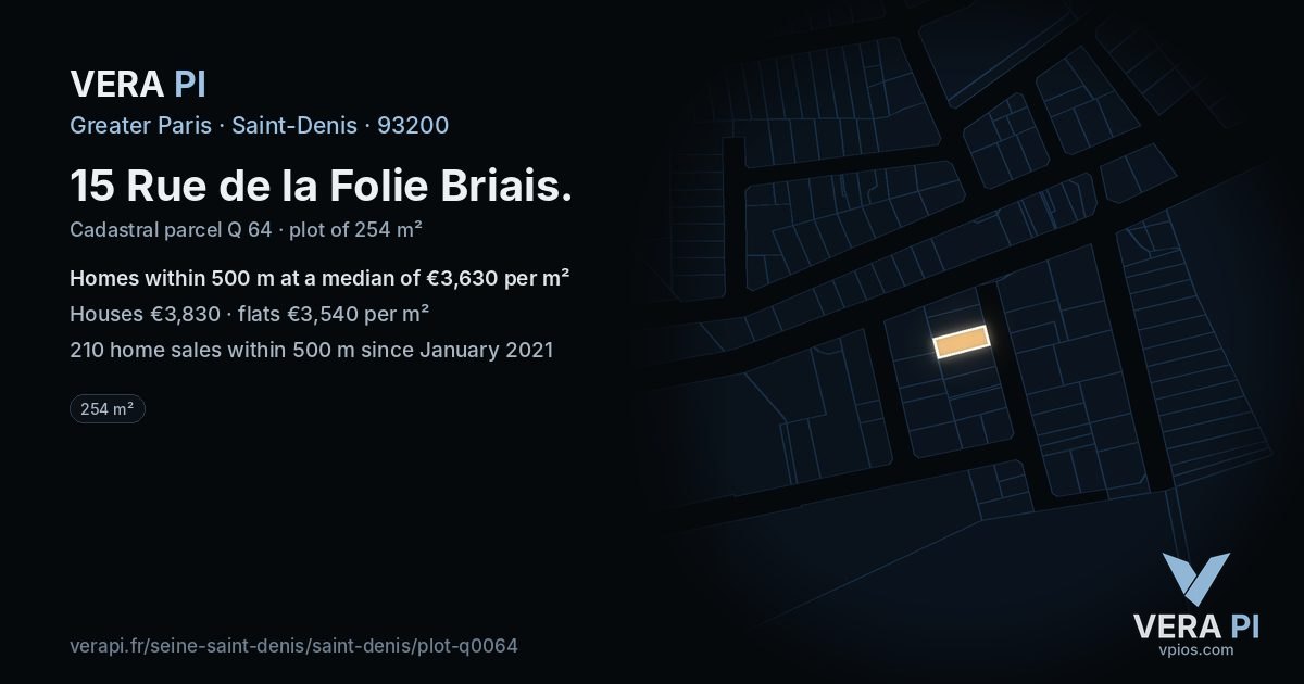 15 Rue de la Folie Briais, Saint-Denis at night – the plot lit, the parcels around coloured by the prices near them