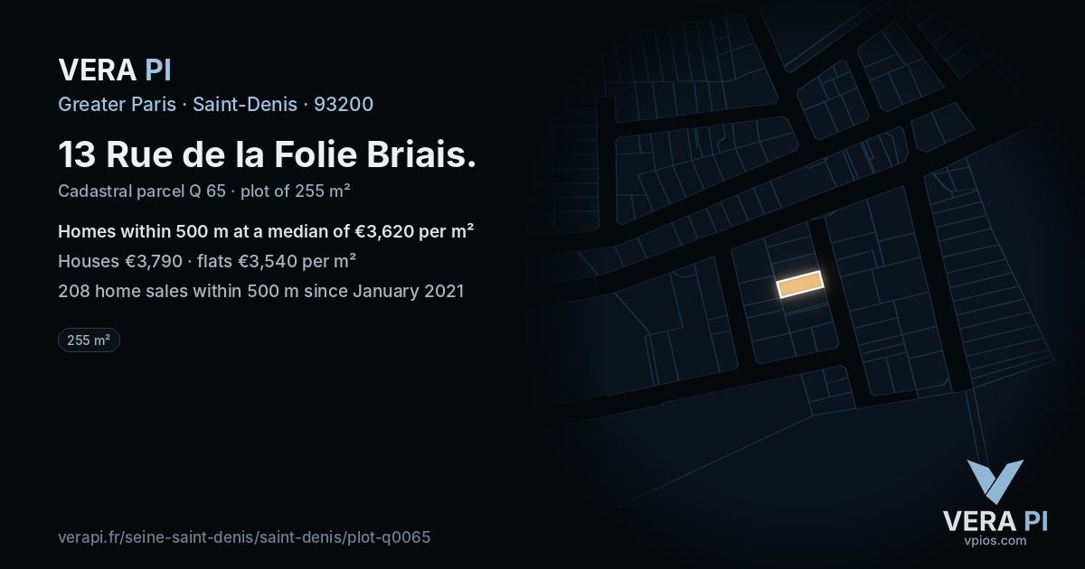 13 Rue de la Folie Briais, Saint-Denis at night – the plot lit, the parcels around coloured by the prices near them