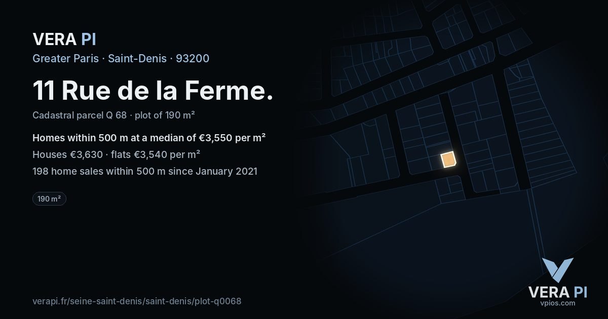 11 Rue de la Ferme, Saint-Denis at night – the plot lit, the parcels around coloured by the prices near them