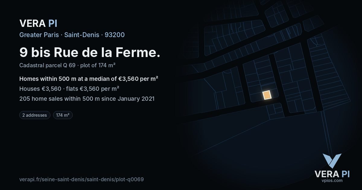 9 bis Rue de la Ferme, Saint-Denis at night – the plot lit, the parcels around coloured by the prices near them