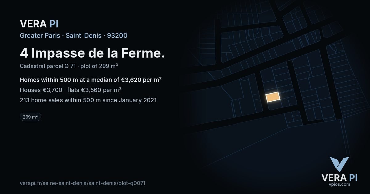 4 Impasse de la Ferme, Saint-Denis at night – the plot lit, the parcels around coloured by the prices near them