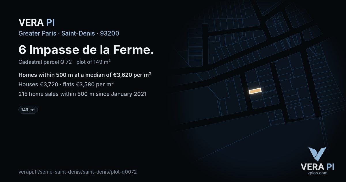 6 Impasse de la Ferme, Saint-Denis at night – the plot lit, the parcels around coloured by the prices near them