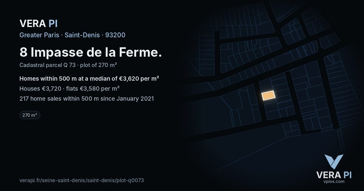 8 Impasse de la Ferme, Saint-Denis at night – the plot lit, the parcels around coloured by the prices near them
