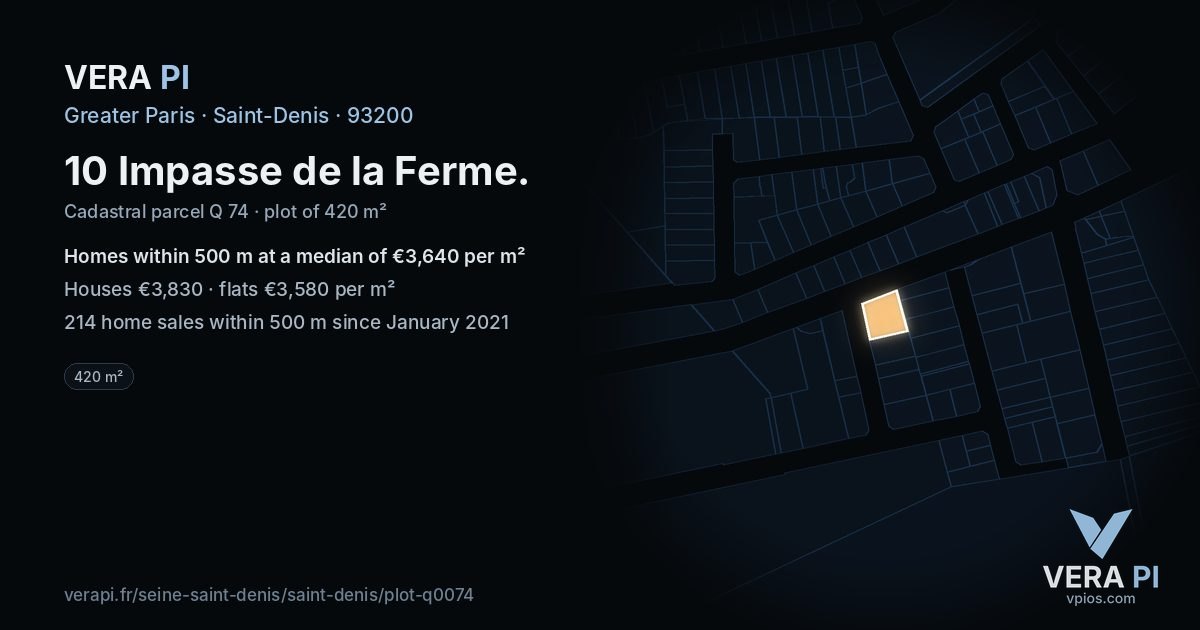 10 Impasse de la Ferme, Saint-Denis at night – the plot lit, the parcels around coloured by the prices near them