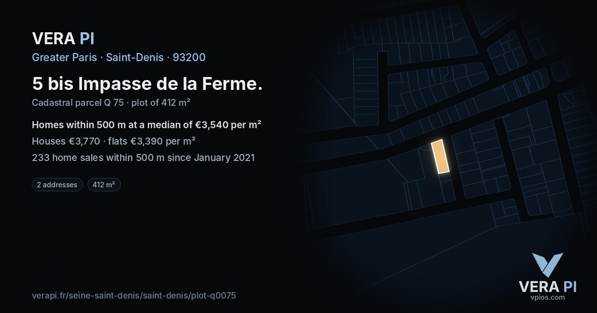 5 bis Impasse de la Ferme, Saint-Denis at night – the plot lit, the parcels around coloured by the prices near them