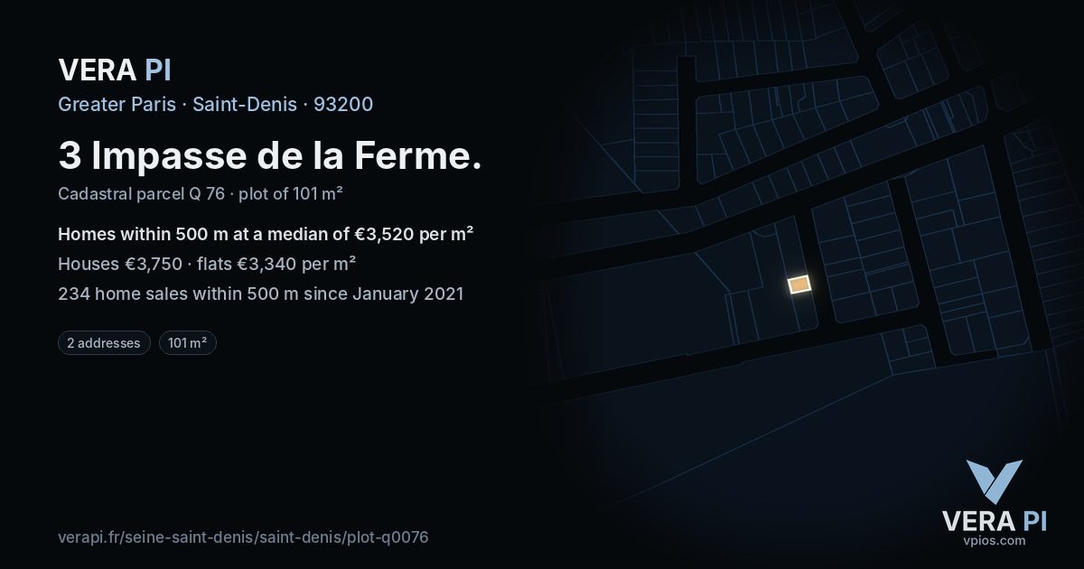 3 Impasse de la Ferme, Saint-Denis at night – the plot lit, the parcels around coloured by the prices near them