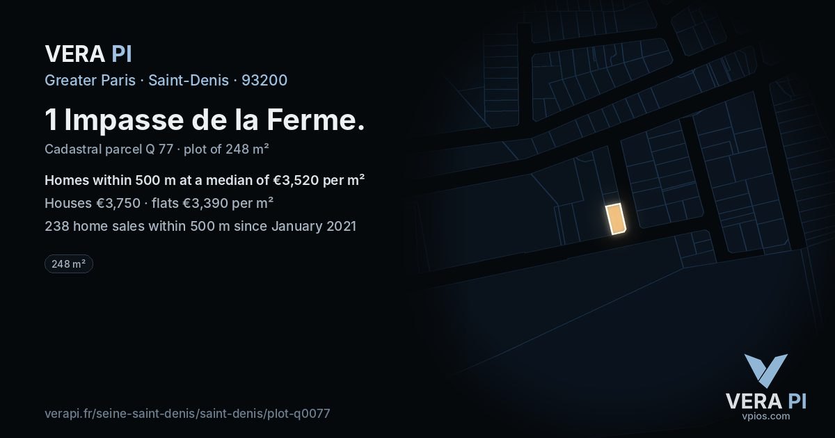 1 Impasse de la Ferme, Saint-Denis at night – the plot lit, the parcels around coloured by the prices near them