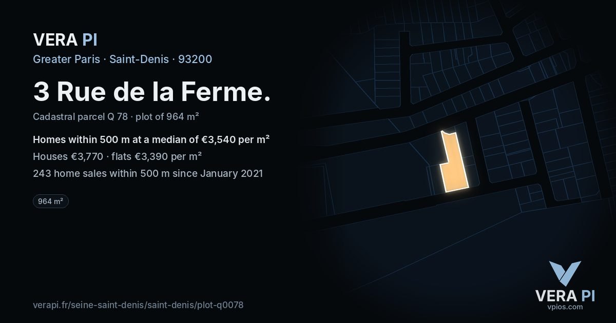 3 Rue de la Ferme, Saint-Denis at night – the plot lit, the parcels around coloured by the prices near them