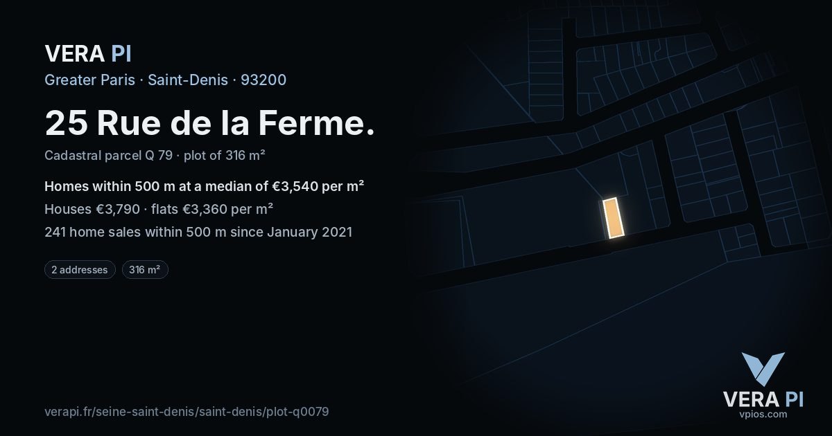 25 Rue de la Ferme, Saint-Denis at night – the plot lit, the parcels around coloured by the prices near them