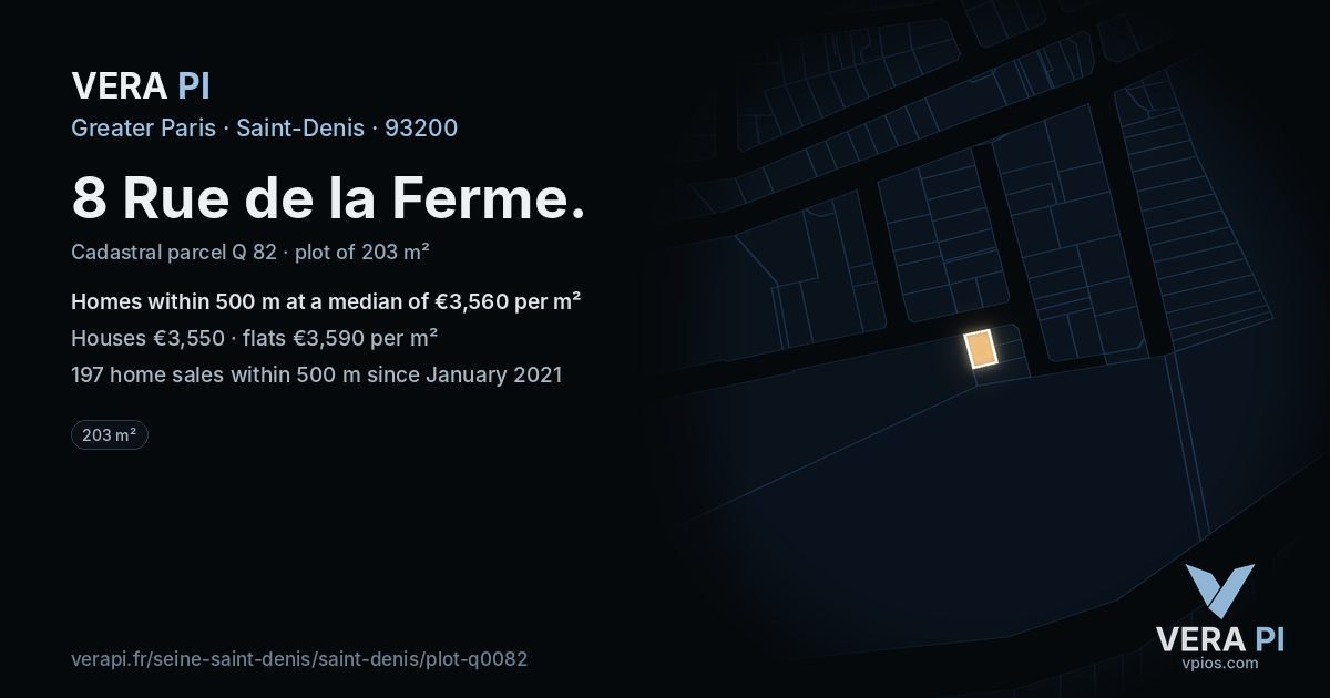 8 Rue de la Ferme, Saint-Denis at night – the plot lit, the parcels around coloured by the prices near them