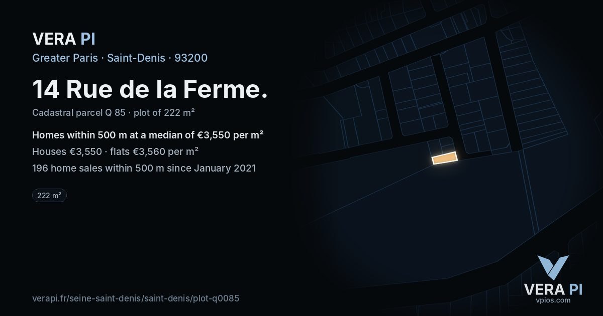 14 Rue de la Ferme, Saint-Denis at night – the plot lit, the parcels around coloured by the prices near them