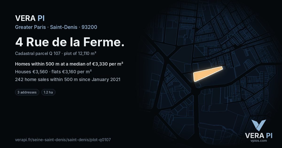 4 Rue de la Ferme, Saint-Denis at night – the plot lit, the parcels around coloured by the prices near them