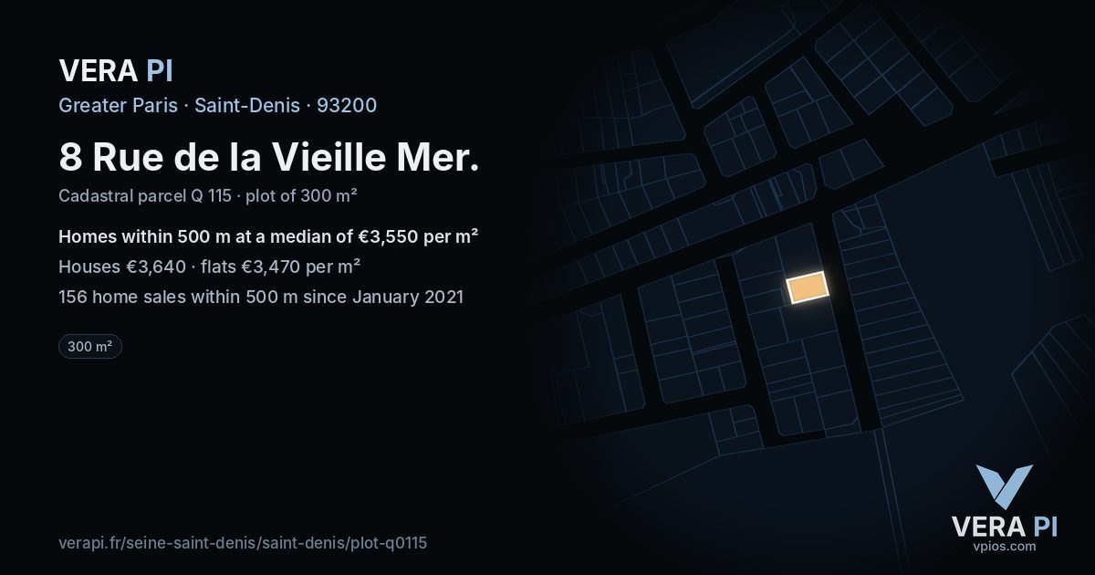8 Rue de la Vieille Mer, Saint-Denis at night – the plot lit, the parcels around coloured by the prices near them