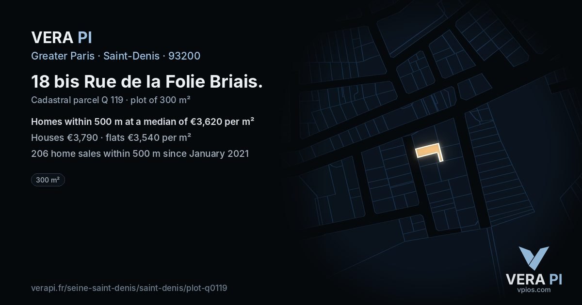 18 bis Rue de la Folie Briais, Saint-Denis at night – the plot lit, the parcels around coloured by the prices near them