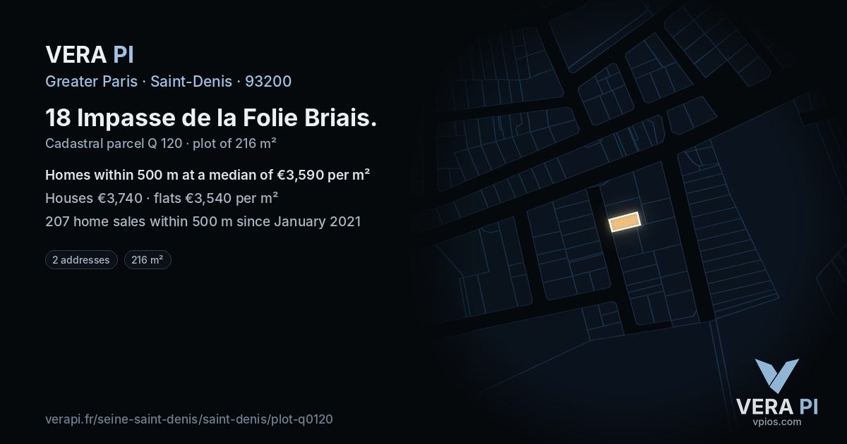 18 Impasse de la Folie Briais, Saint-Denis at night – the plot lit, the parcels around coloured by the prices near them