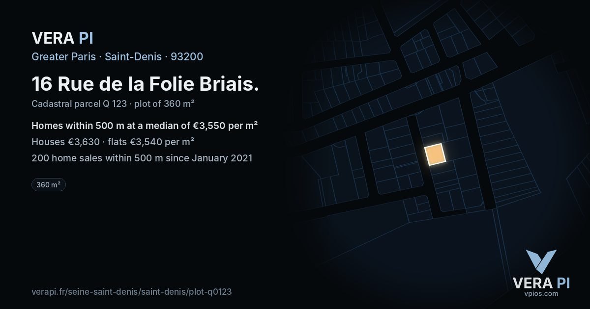 16 Rue de la Folie Briais, Saint-Denis at night – the plot lit, the parcels around coloured by the prices near them
