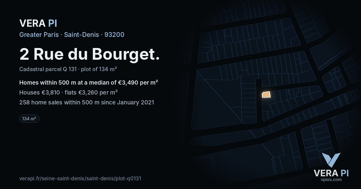 2 Rue du Bourget, Saint-Denis at night – the plot lit, the parcels around coloured by the prices near them