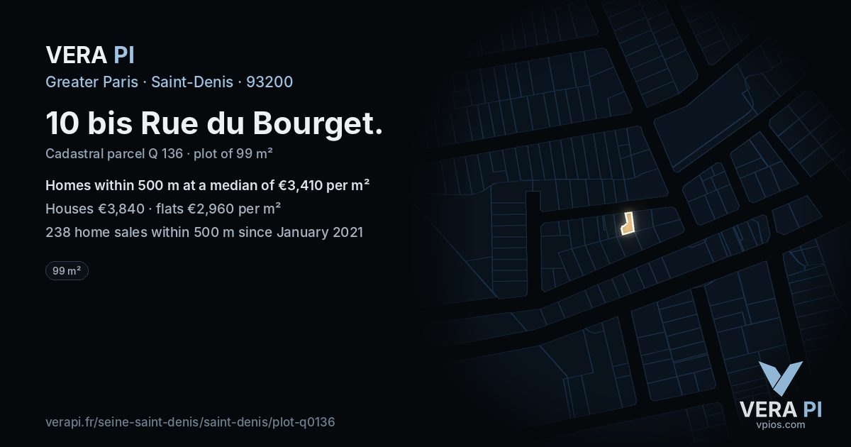 10 bis Rue du Bourget, Saint-Denis at night – the plot lit, the parcels around coloured by the prices near them