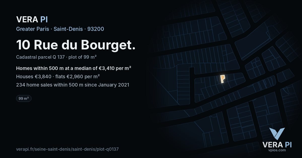 10 Rue du Bourget, Saint-Denis at night – the plot lit, the parcels around coloured by the prices near them