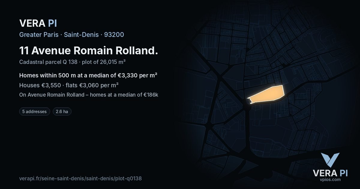 11 Avenue Romain Rolland, Saint-Denis at night – the plot lit, the parcels around coloured by the prices near them