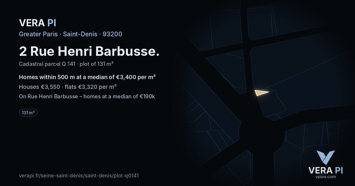 2 Rue Henri Barbusse, Saint-Denis at night – the plot lit, the parcels around coloured by the prices near them