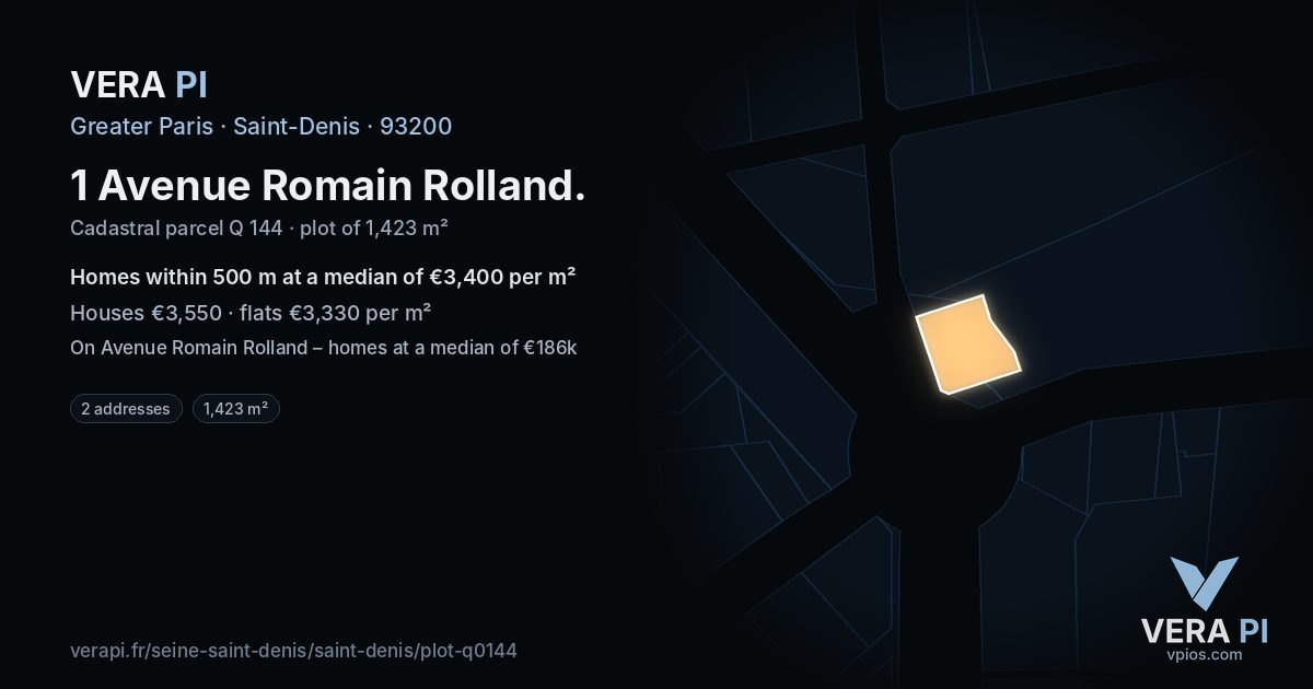 1 Avenue Romain Rolland, Saint-Denis at night – the plot lit, the parcels around coloured by the prices near them