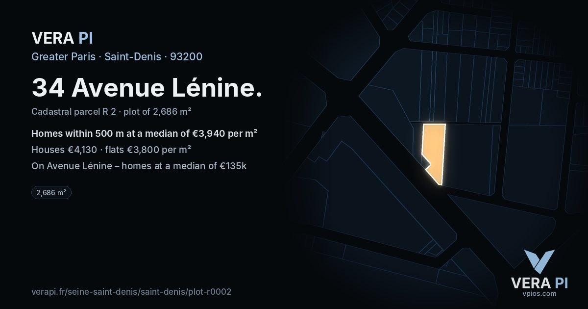 34 Avenue Lénine, Saint-Denis at night – the plot lit, the parcels around coloured by the prices near them