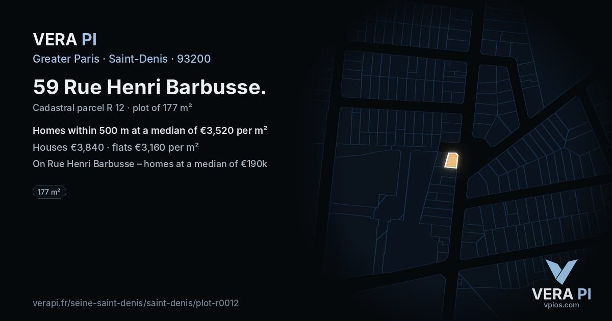 59 Rue Henri Barbusse, Saint-Denis at night – the plot lit, the parcels around coloured by the prices near them