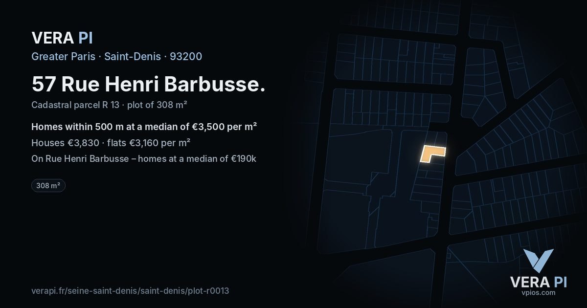 57 Rue Henri Barbusse, Saint-Denis at night – the plot lit, the parcels around coloured by the prices near them