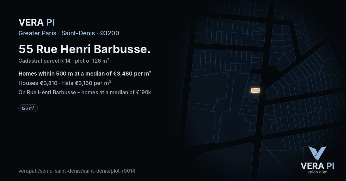 55 Rue Henri Barbusse, Saint-Denis at night – the plot lit, the parcels around coloured by the prices near them