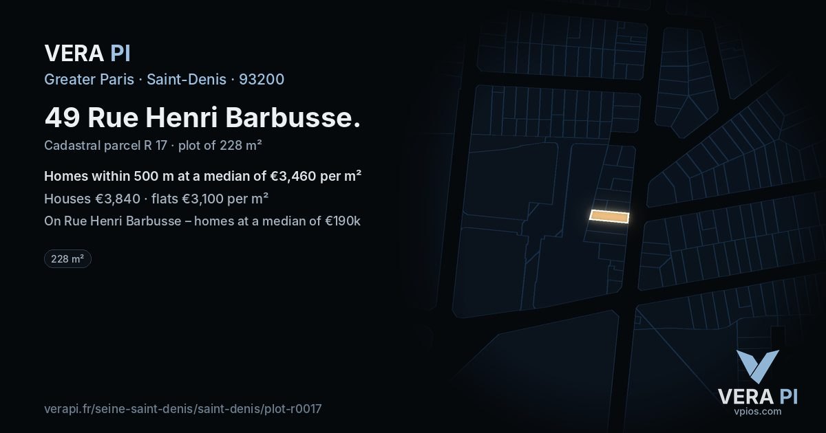 49 Rue Henri Barbusse, Saint-Denis at night – the plot lit, the parcels around coloured by the prices near them