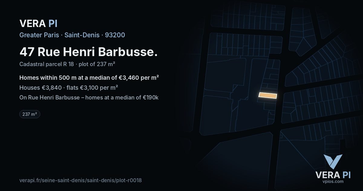 47 Rue Henri Barbusse, Saint-Denis at night – the plot lit, the parcels around coloured by the prices near them