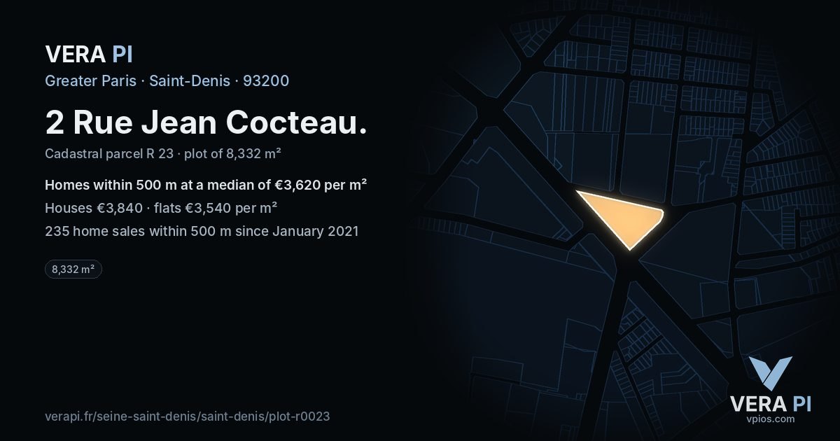 2 Rue Jean Cocteau, Saint-Denis at night – the plot lit, the parcels around coloured by the prices near them