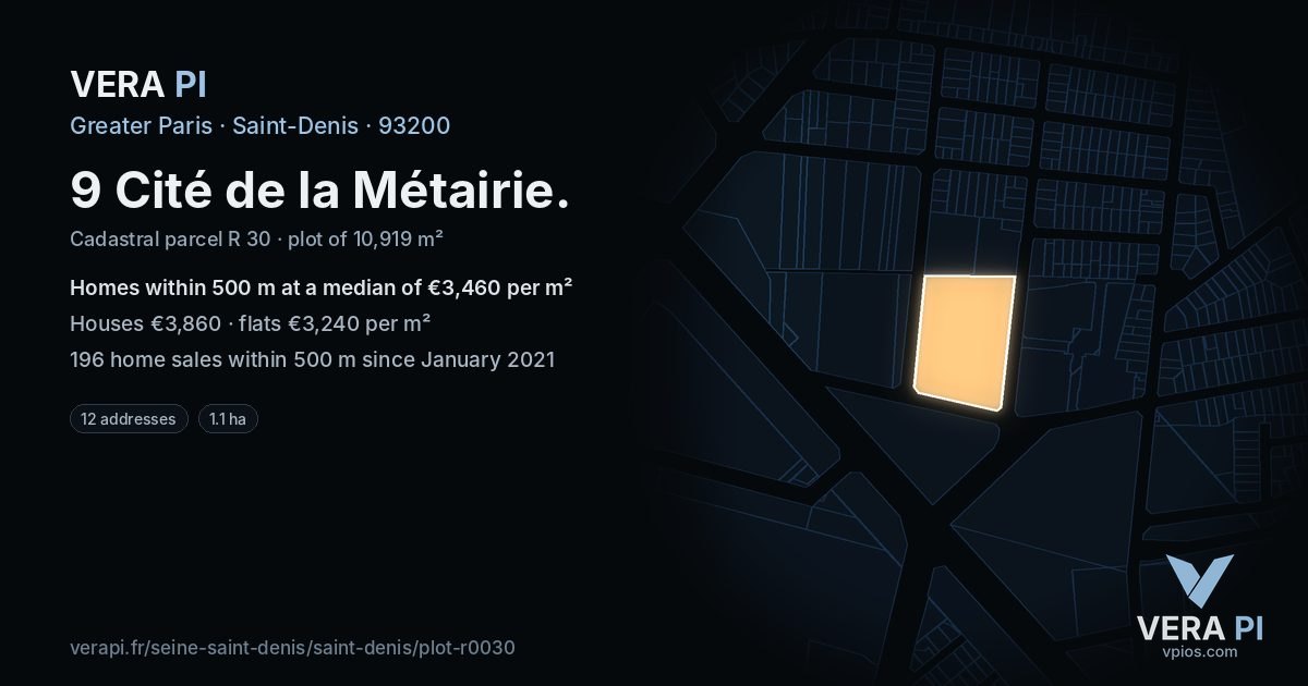 9 Cité de la Métairie, Saint-Denis at night – the plot lit, the parcels around coloured by the prices near them