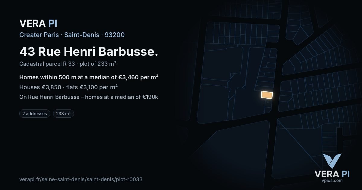 43 Rue Henri Barbusse, Saint-Denis at night – the plot lit, the parcels around coloured by the prices near them