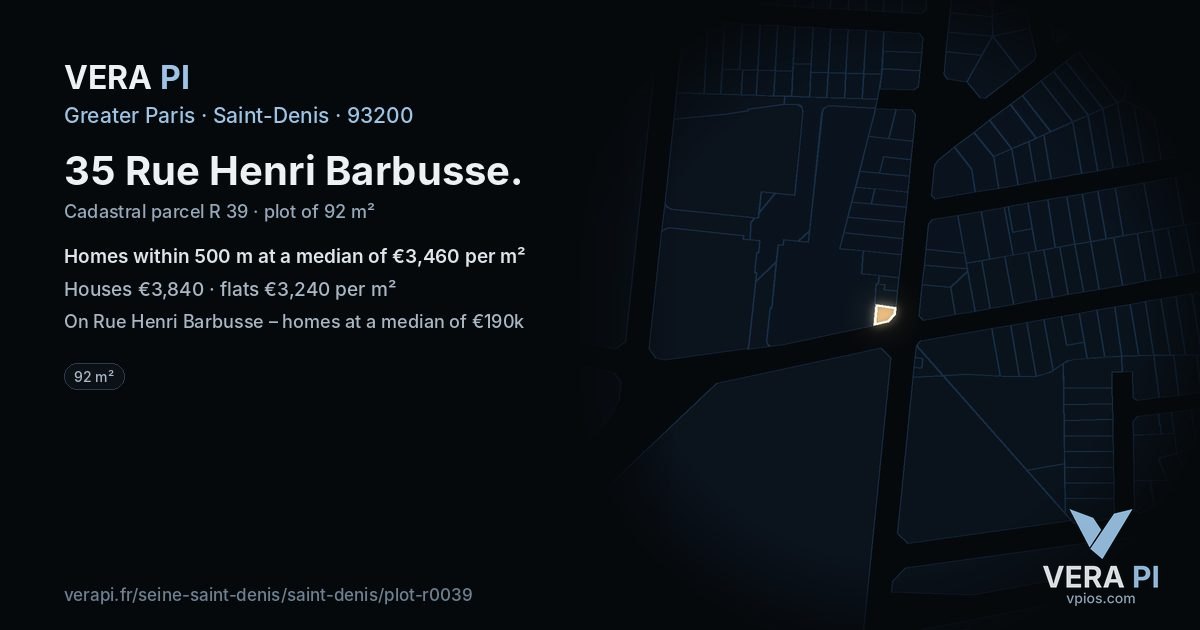 35 Rue Henri Barbusse, Saint-Denis at night – the plot lit, the parcels around coloured by the prices near them