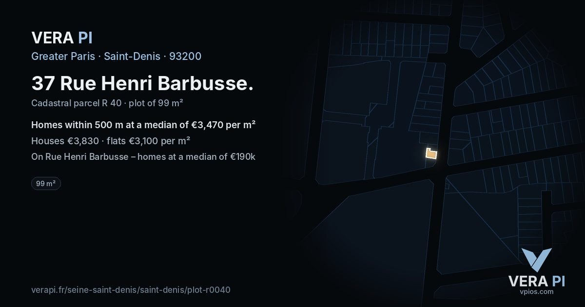 37 Rue Henri Barbusse, Saint-Denis at night – the plot lit, the parcels around coloured by the prices near them