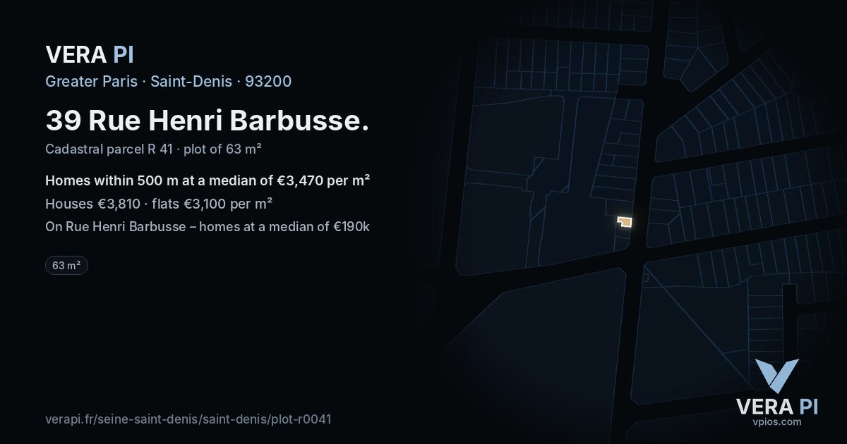 39 Rue Henri Barbusse, Saint-Denis at night – the plot lit, the parcels around coloured by the prices near them