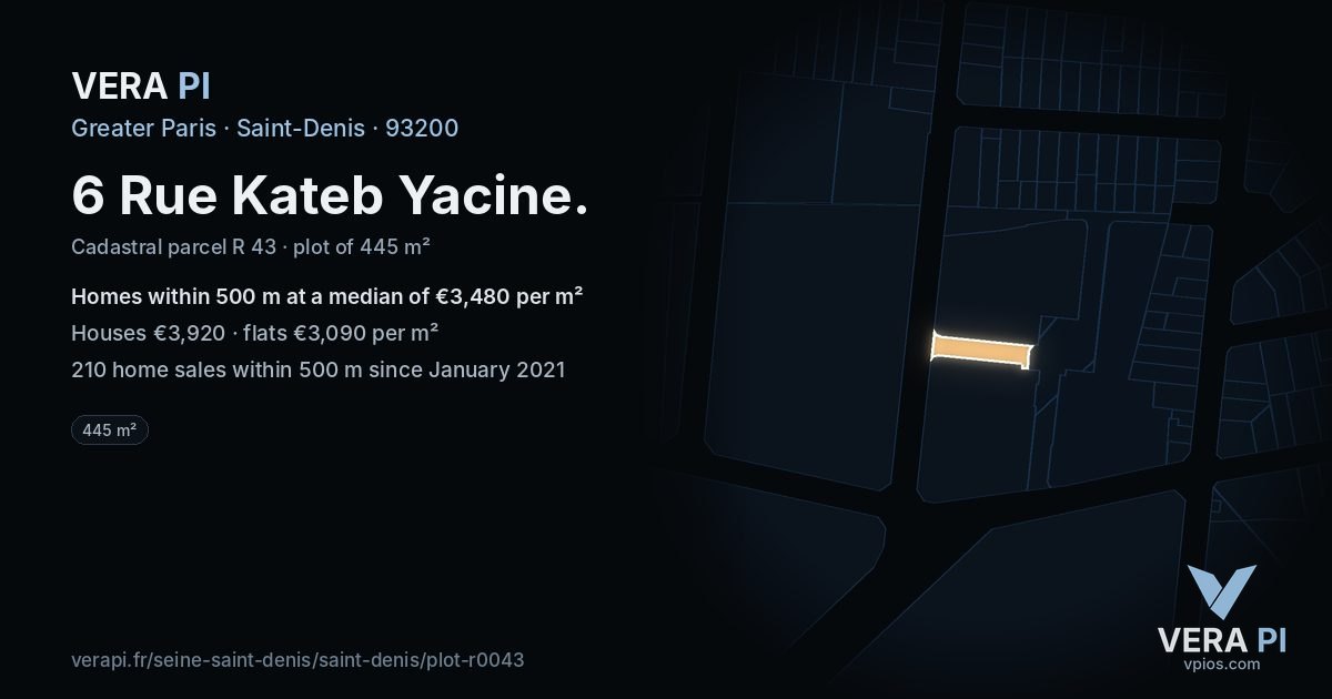 6 Rue Kateb Yacine, Saint-Denis at night – the plot lit, the parcels around coloured by the prices near them