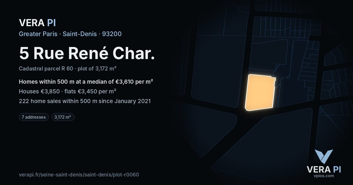 5 Rue René Char, Saint-Denis at night – the plot lit, the parcels around coloured by the prices near them