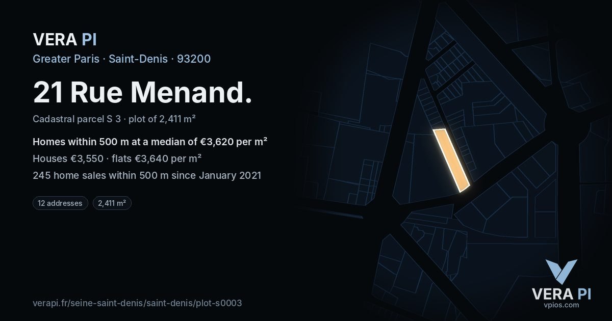 21 Rue Menand, Saint-Denis at night – the plot lit, the parcels around coloured by the prices near them